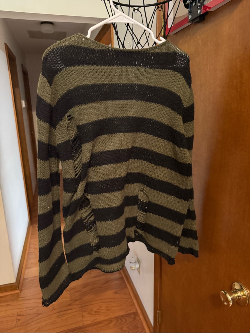 ROMWE Olive Green & Black Striped Distressed Crewneck Sweater